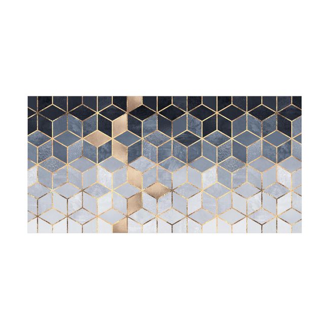 3D Motiv Teppiche Blau Weiß goldene Geometrie