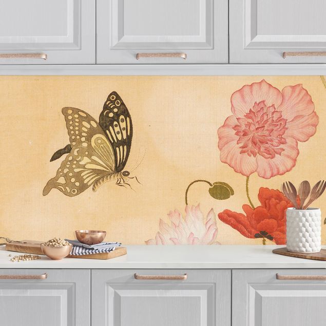 Platte Küchenrückwand Yuanyu Ma - Mohnblumen und Schmetterlinge