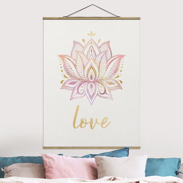 Stoffbild mit Posterleisten - Mandala Namaste Lotus Set gold rosa - Hochformat 3:4