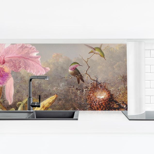 Küchenrückwand selbstklebend Martin Johnson Heade - Orchidee und drei Kolibris