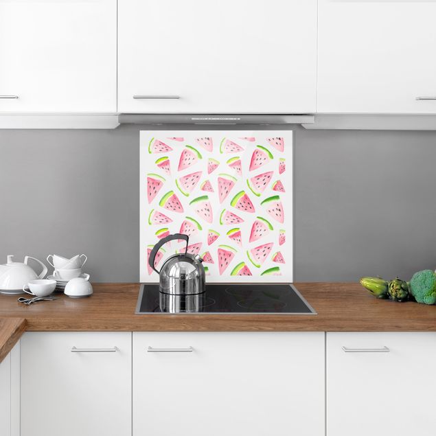 Glasrückwand Küche Muster Aquarell Melonenstücke mit Rahmen
