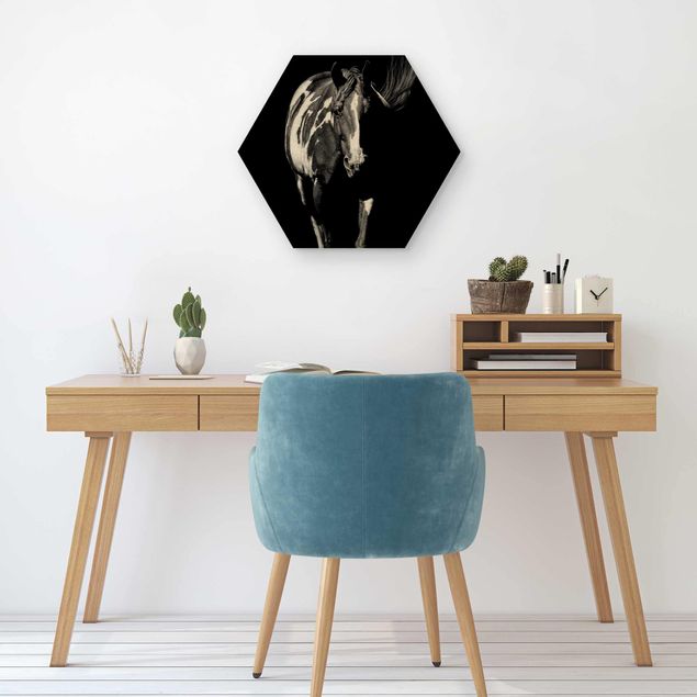 Hexagon Bild Holz - Pferd vor Schwarz