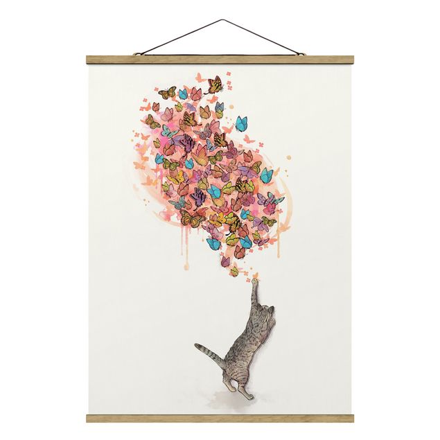 Stoffbild mit Posterleisten - Laura Graves - Illustration Katze mit bunten Schmetterlingen Malerei - Hochformat 3:4