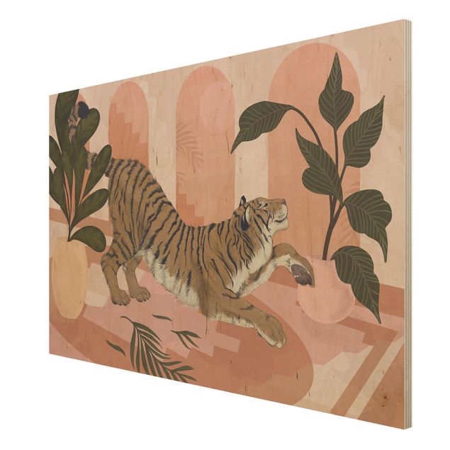 Bilder auf Holz Illustration Tiger in Pastell Rosa Malerei