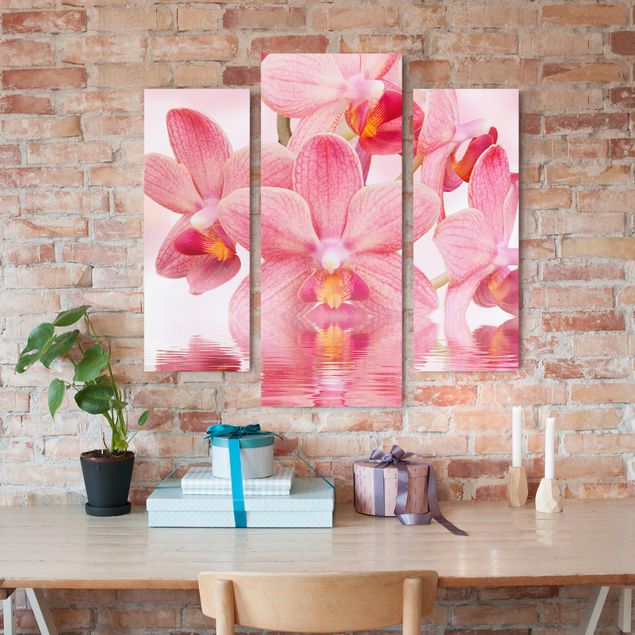 Leinwandbild 3-teilig - Rosa Orchideen auf Wasser - Galerie Triptychon