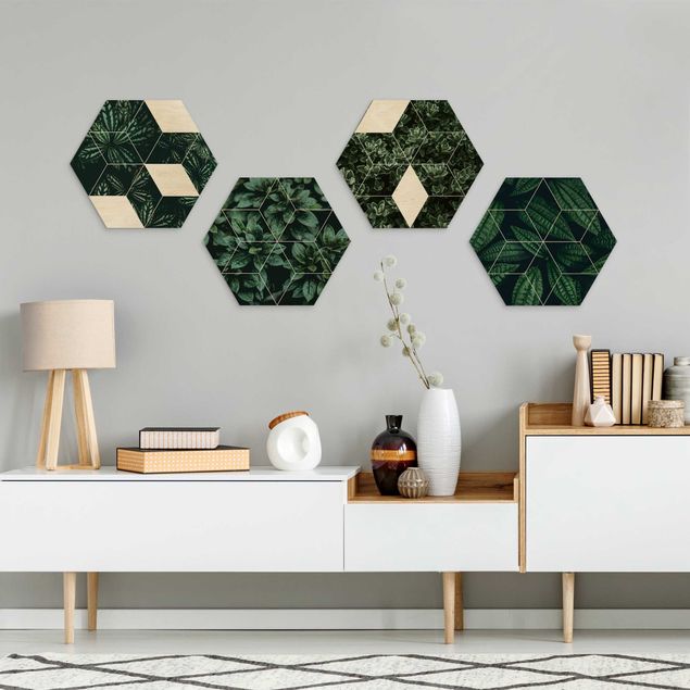 Hexagon Bild Holz 4-teilig - Grüne Blätter Geometrie Set I