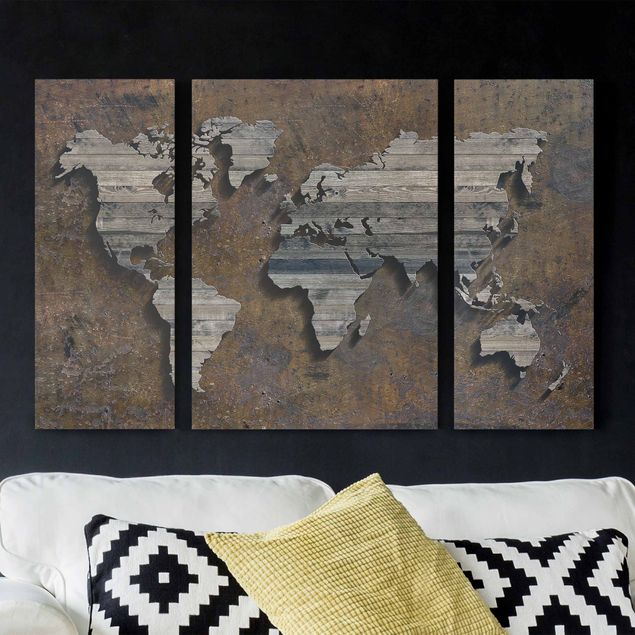 Leinwandbild 3-teilig - Holz Rost Weltkarte - Tryptichon
