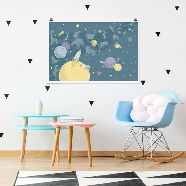 Moderne Poster Planeten mit Sternzeichen und Raketen