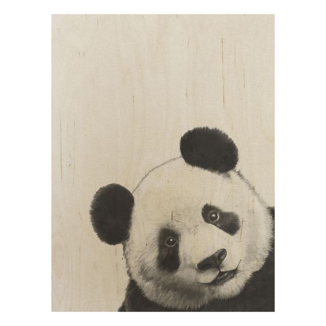 Holzbild - Illustration Panda Schwarz Weiß Malerei - Hochformat 4:3