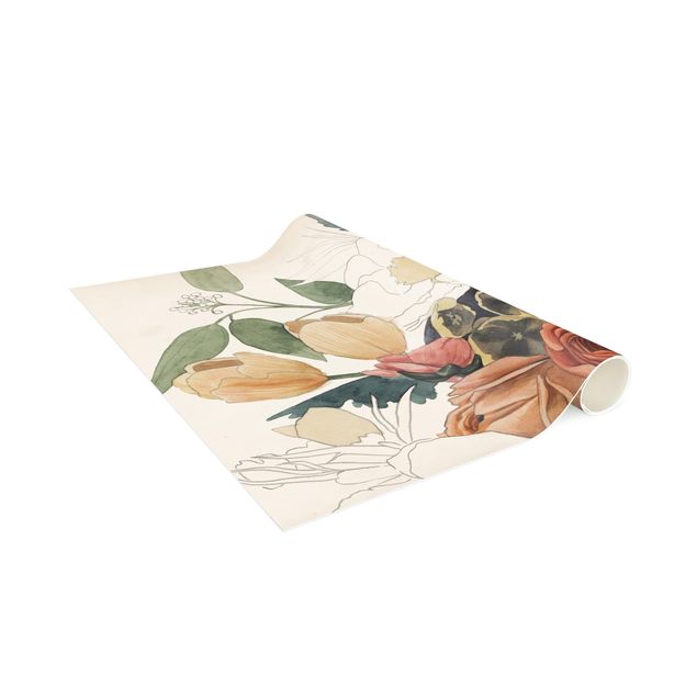 Vinyl-Teppich - Zeichnung Blumenbouquet in Rot und Sepia II - Hochformat 3:4