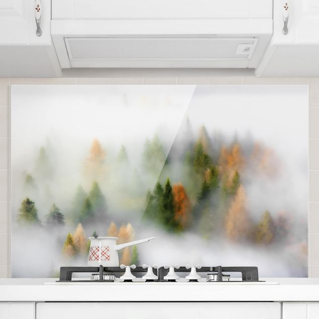 Glasrückwand Küche Wald Nebelwald im Herbst