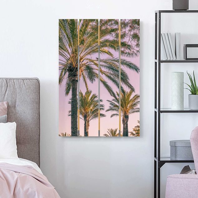 Holzbild Blumen Palmen im Sonnenuntergang
