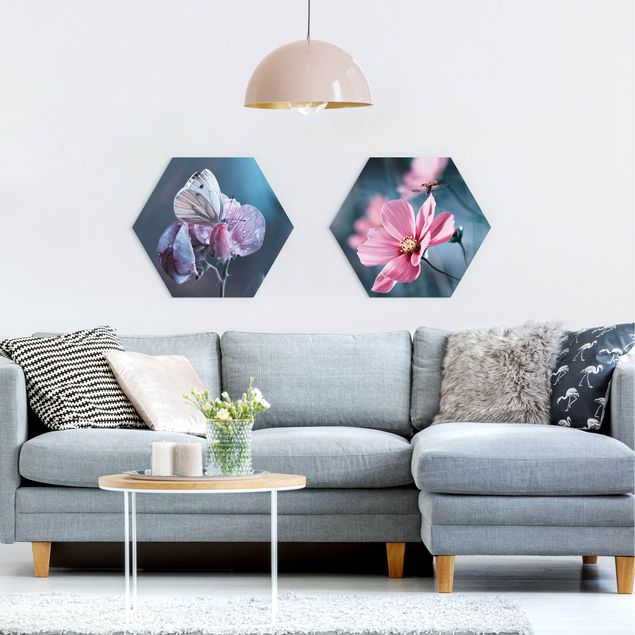 Hexagon-Bilder Schmetterling und Marienkäfer auf Blüten
