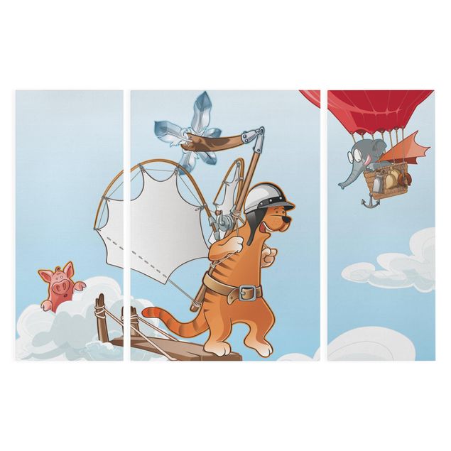 Leinwandbild 3-teilig - Fliegender Bauernhof Katze unterwegs - Triptychon