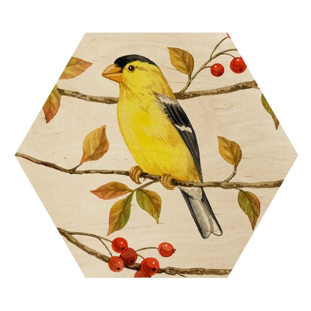 Hexagon Bild Holz - Vögel und Beeren - Goldzeisig