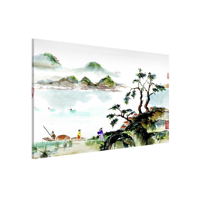 Magnettafeln Natur Japanische Aquarell Zeichnung See und Berge
