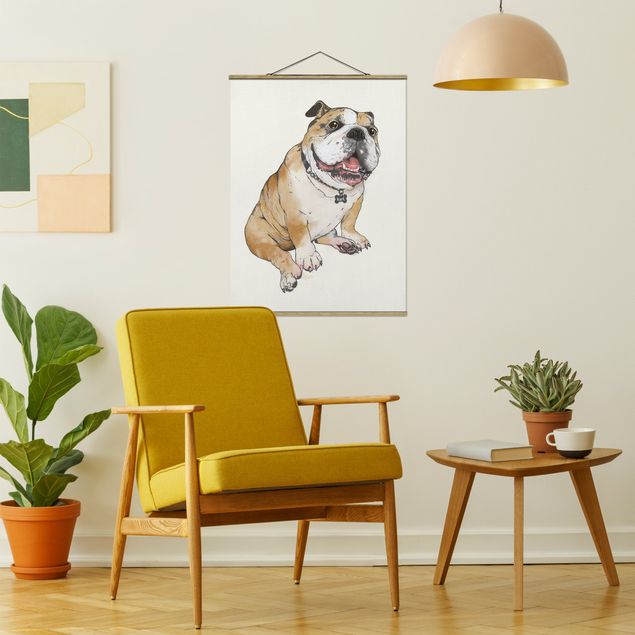 Stoffbild mit Posterleisten - Laura Graves - Illustration Hund Bulldogge Malerei - Hochformat 3:4