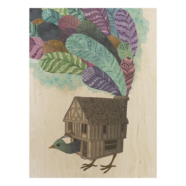 Holzbild - Illustration Vogel Haus mit Federn - Hochformat 4:3