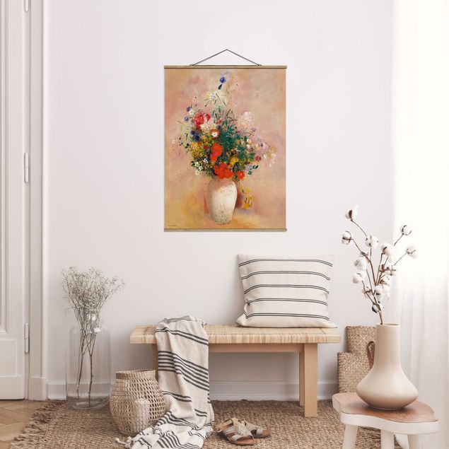 Stoffbilder mit Posterleisten Odilon Redon - Vase mit Blumen (rosenfarbener Hintergrund)