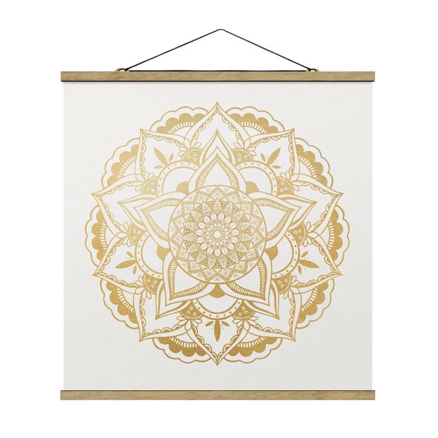Stoffbild mit Posterleisten - Mandala Blume gold weiß - Quadrat 1:1