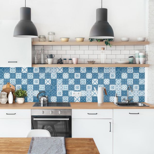 Küchenspiegel Fliesen Mustermix Blau Weiß