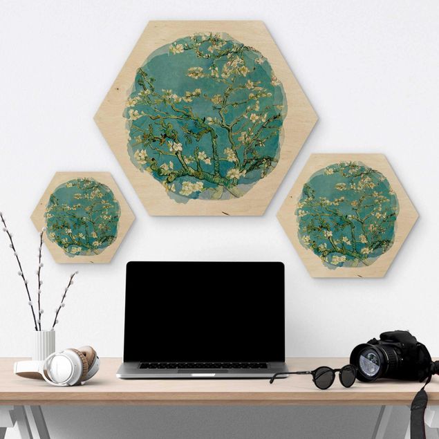 Hexagon Bild Holz - Wasserfarben - Vincent van Gogh - Mandelblüte
