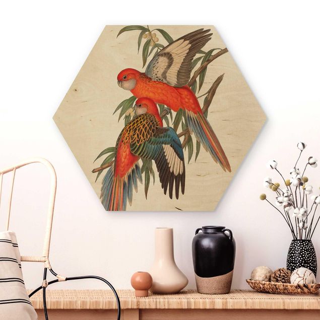 Holzbilder Blumen Tropische Papageien I
