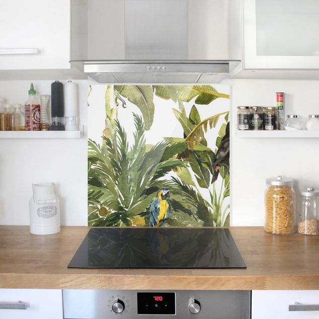 Glasrückwand Küche Muster Aquarell Bananenpalme und Leopard Muster