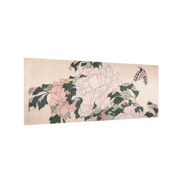 Spritzschutz Tiere Katsushika Hokusai - Rosa Pfingstrosen mit Schmetterling
