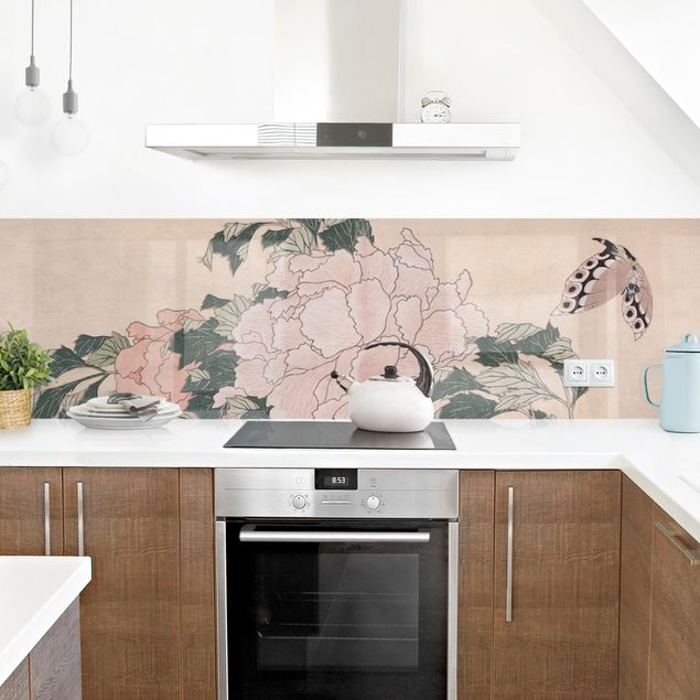 Wandpaneele Küche Katsushika Hokusai - Rosa Pfingstrosen mit Schmetterling