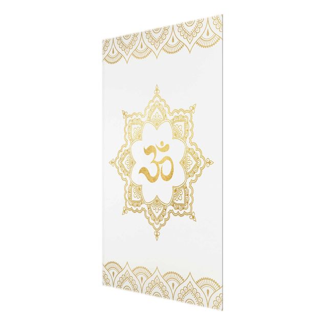 Glasbild - Mandala OM Illustration Ornament weiß gold - Querformat 2:3