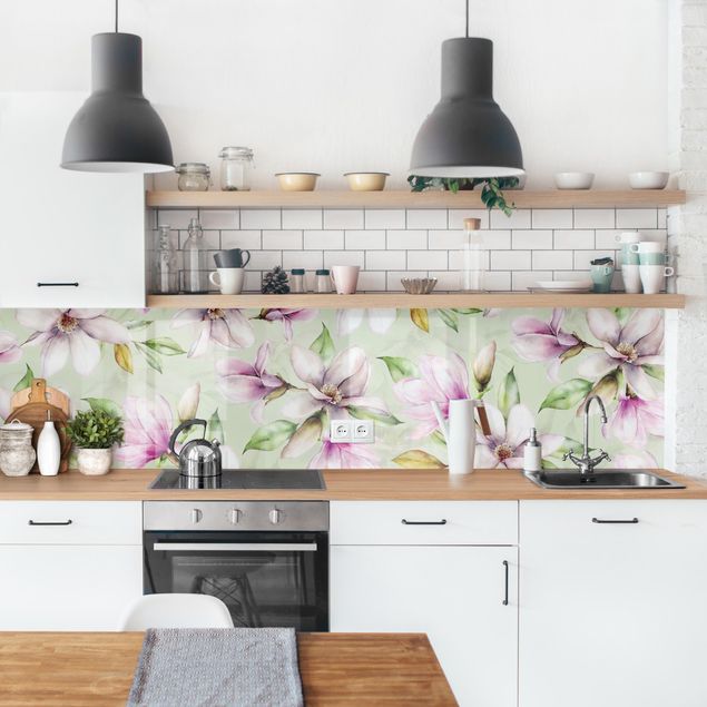 Wandpaneele Küche Magnolien Illustration auf Mint
