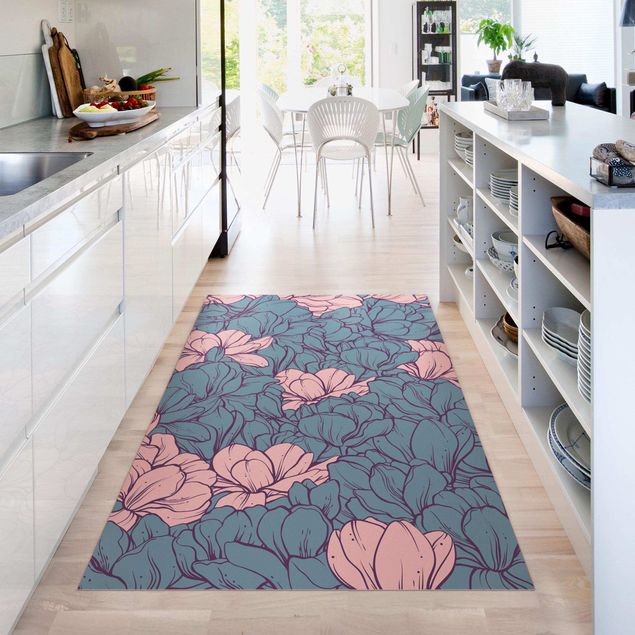 Teppich modern Magnolien Blütenmeer Altrosa und Petrol