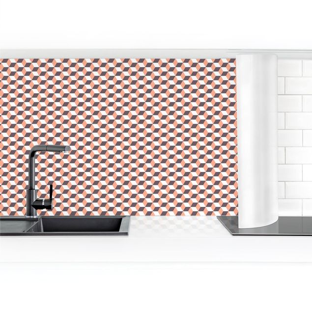 Küchenrückwand selbstklebend Geometrischer Fliesenmix Würfel Orange