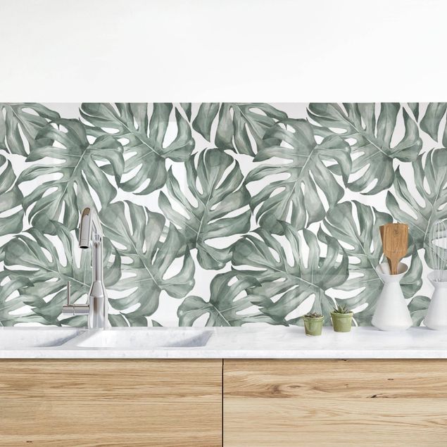 Platte Küchenrückwand Aquarell Monstera Blätter in Grün