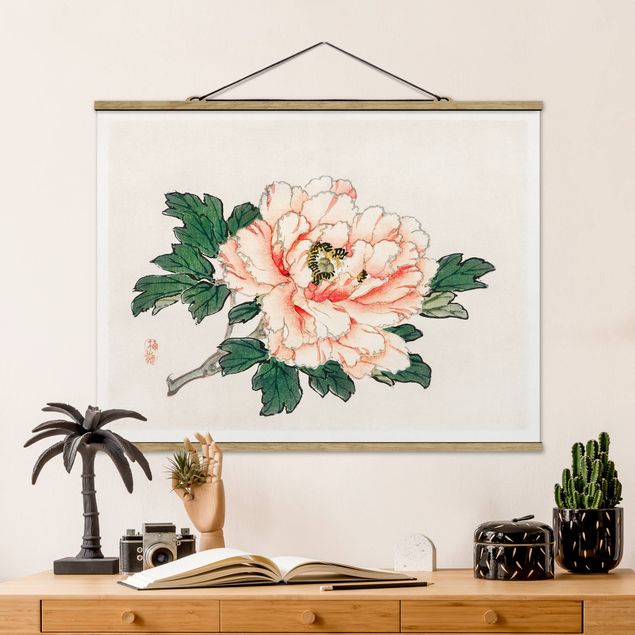 Wandbilder Asiatische Vintage Zeichnung Rosa Chrysantheme