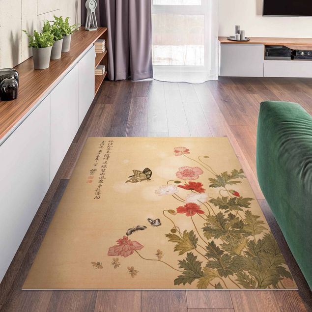 Moderner Teppich Yuanyu Ma - Mohnblumen und Schmetterlinge