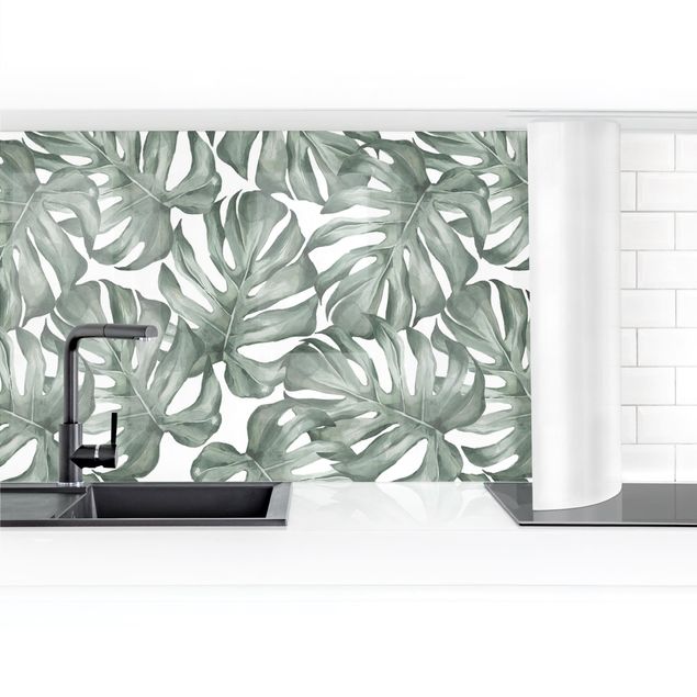 Küchenrückwand selbstklebend Aquarell Monstera Blätter in Grün II