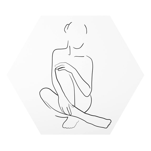 Hexagon Bild Forex - Line Art Frau sitzt Schwarz Weiß