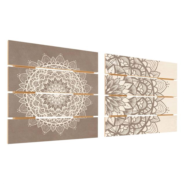 Holzbild 2-teilig - Mandala Illustration shabby Set beige weiß - Quadrate 1:1