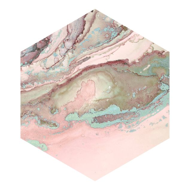 Hexagon Mustertapete selbstklebend - Farbexperimente Marmor Rose und Türkis