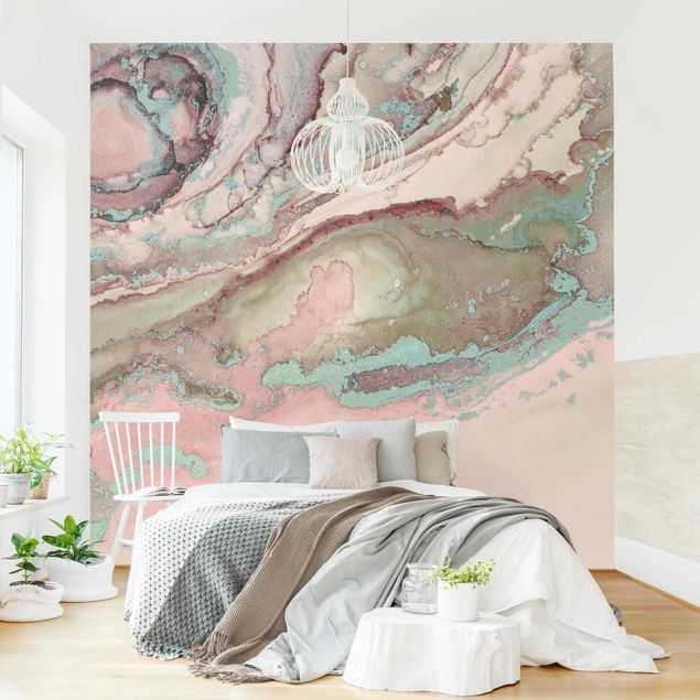 Tapeten Wohnzimmer modern Farbexperimente Marmor Rose und Türkis