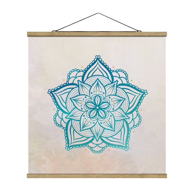 Stoffbild mit Posterleisten - Mandala Hamsa Hand Lotus Set gold blau - Quadrat 1:1
