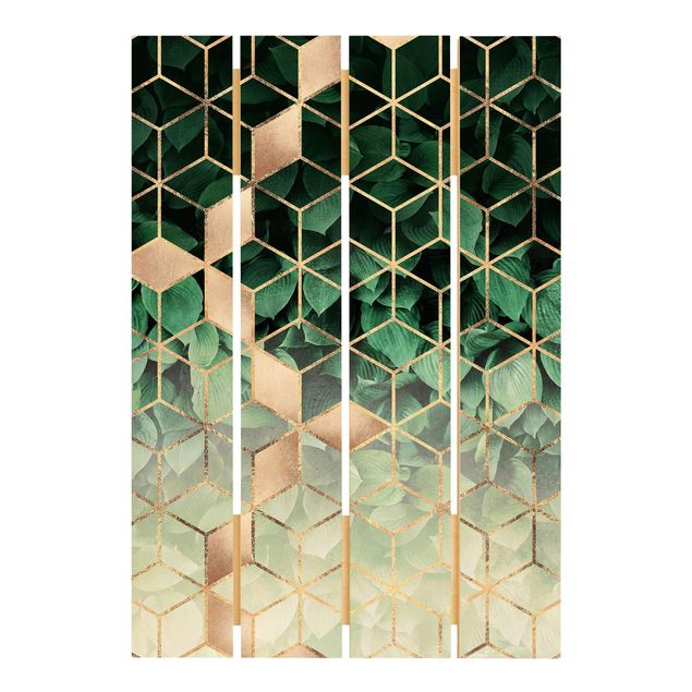 Holzbild - Elisabeth Fredriksson - Grüne Blätter goldene Geometrie - Hochformat 3:2
