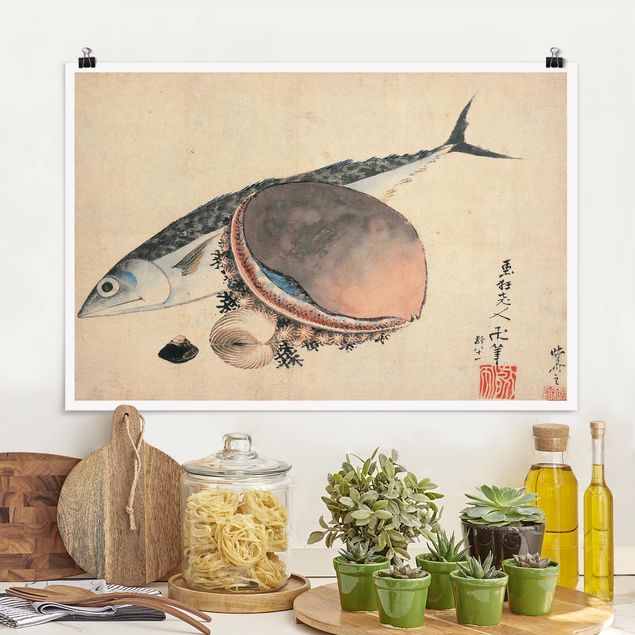 Poster - Katsushika Hokusai - Makrele und Seemuscheln - Querformat 2:3