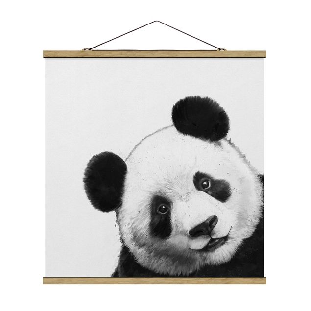 Stoffbild mit Posterleisten - Laura Graves - Illustration Panda Schwarz Weiß Malerei - Quadrat 1:1