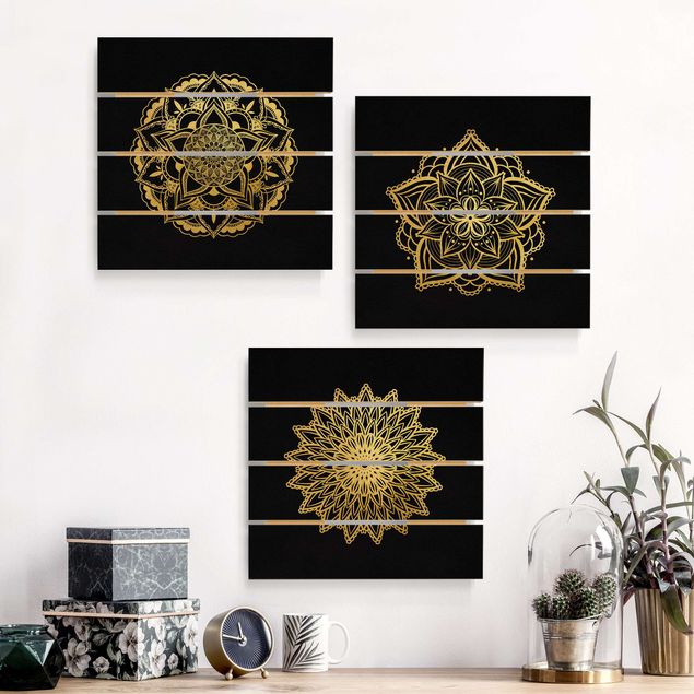 Holzbilder Muster Mandala Blüte Sonne Illustration Set Schwarz Gold