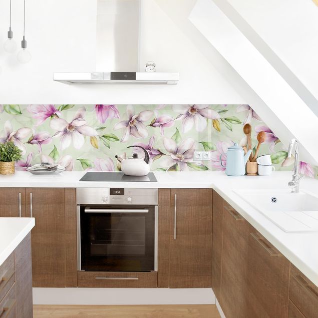 Küchenspiegel Magnolien Illustration auf Mint