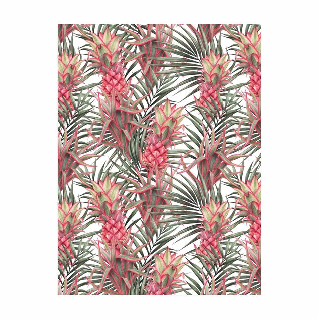 Teppich pink Rote Ananas mit Palmenblättern Tropisch