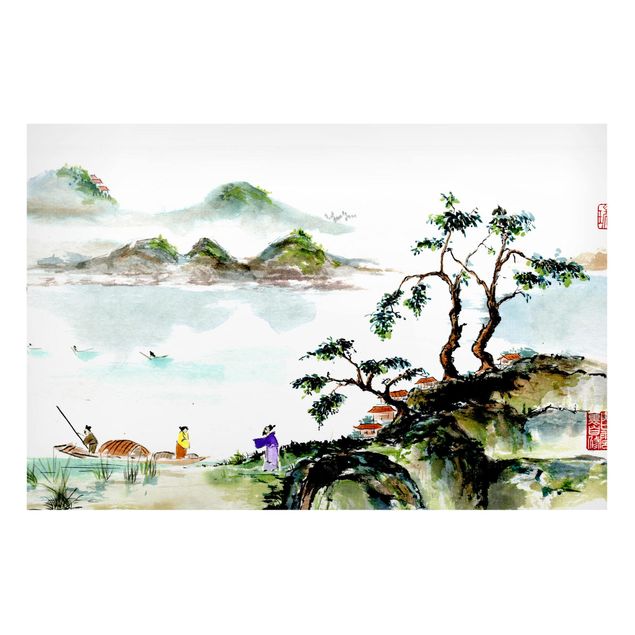 Wandbilder Japanische Aquarell Zeichnung See und Berge